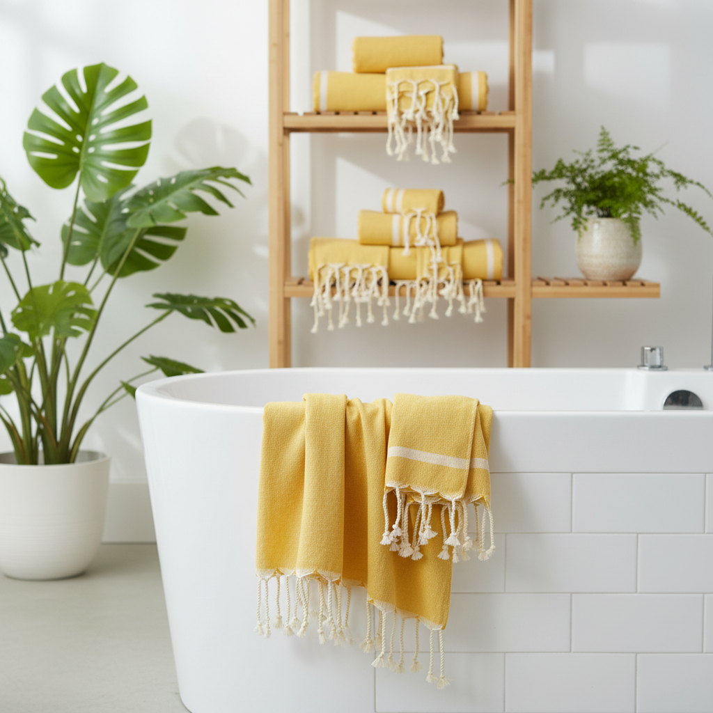 Yellow Turkish cotton towels with cream fringe are draped over a white freestanding bathtub and arranged on a wooden shelf in a bright, modern bathroom with potted plants.