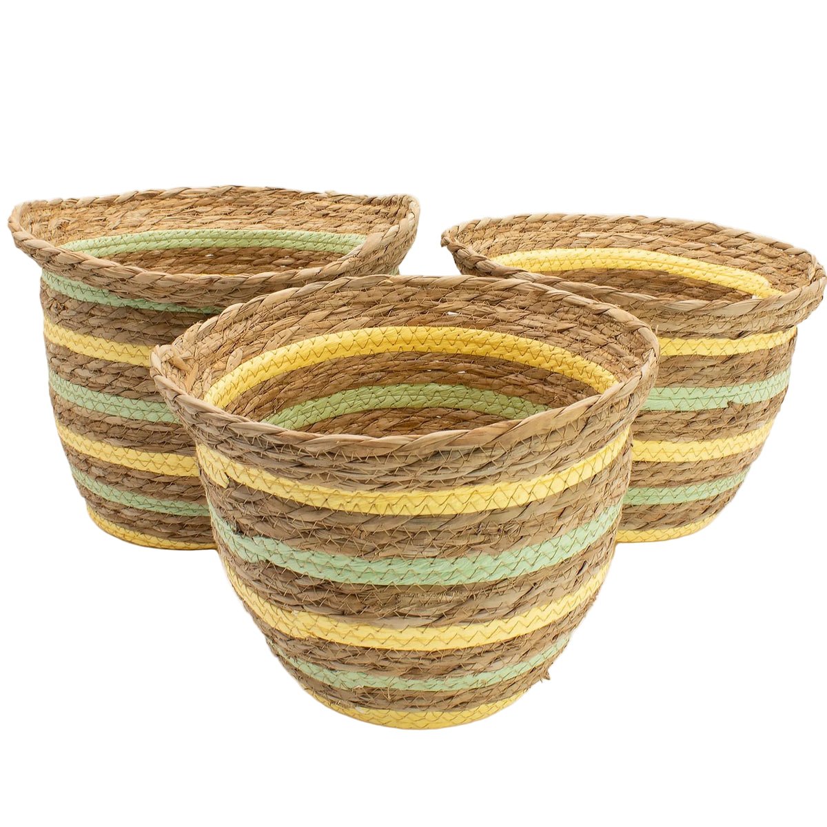 Set of three vase-shaped woven baskets with yellow and green stripes