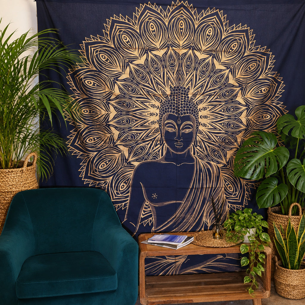A wall hanging with a Buddha design hanging on a wall above a blue armchair and wooden table.
