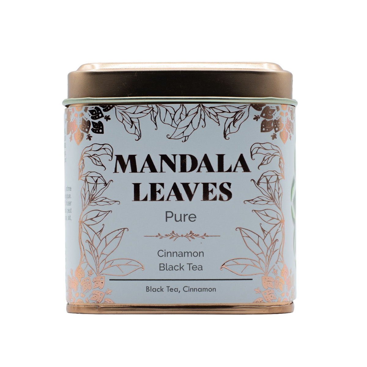Tea canister labelled 'Mandala Leaves Pure' with leaf designs on a white background.