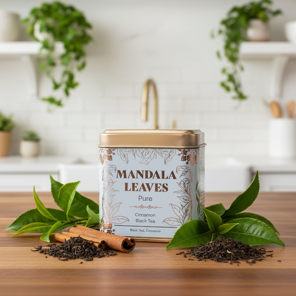A tin of Mandala Leaves Pure Cinnamon Black Tea stands on a wooden table in a bright kitchen setting, surrounded by fresh green tea leaves, loose tea leaves, and cinnamon sticks.