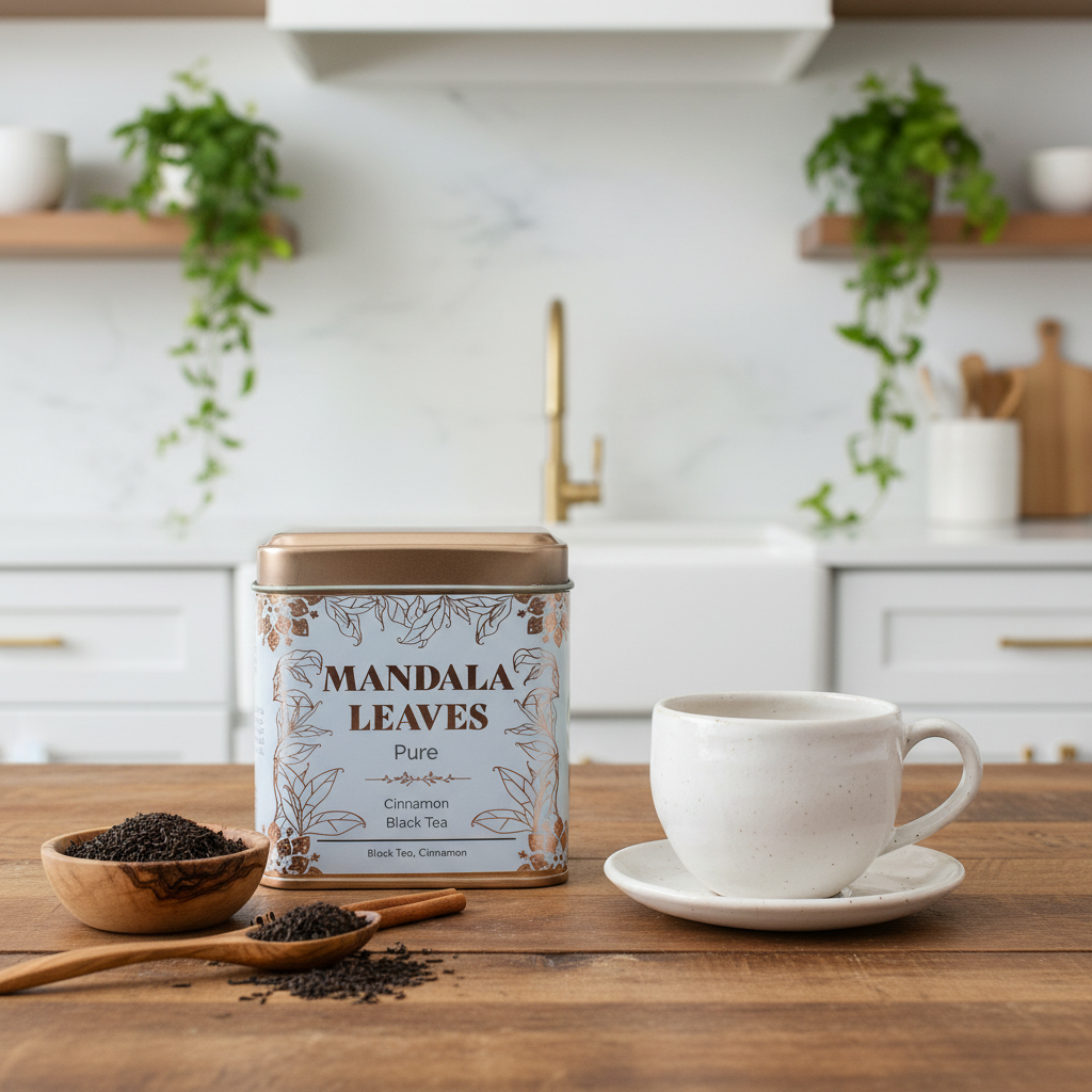 A tin of Mandala Leaves Pure Cinnamon Black Tea stands on a wooden table in a bright kitchen setting, alongside a white ceramic teacup and saucer, a small bowl of loose tea leaves, and two wooden spoons.