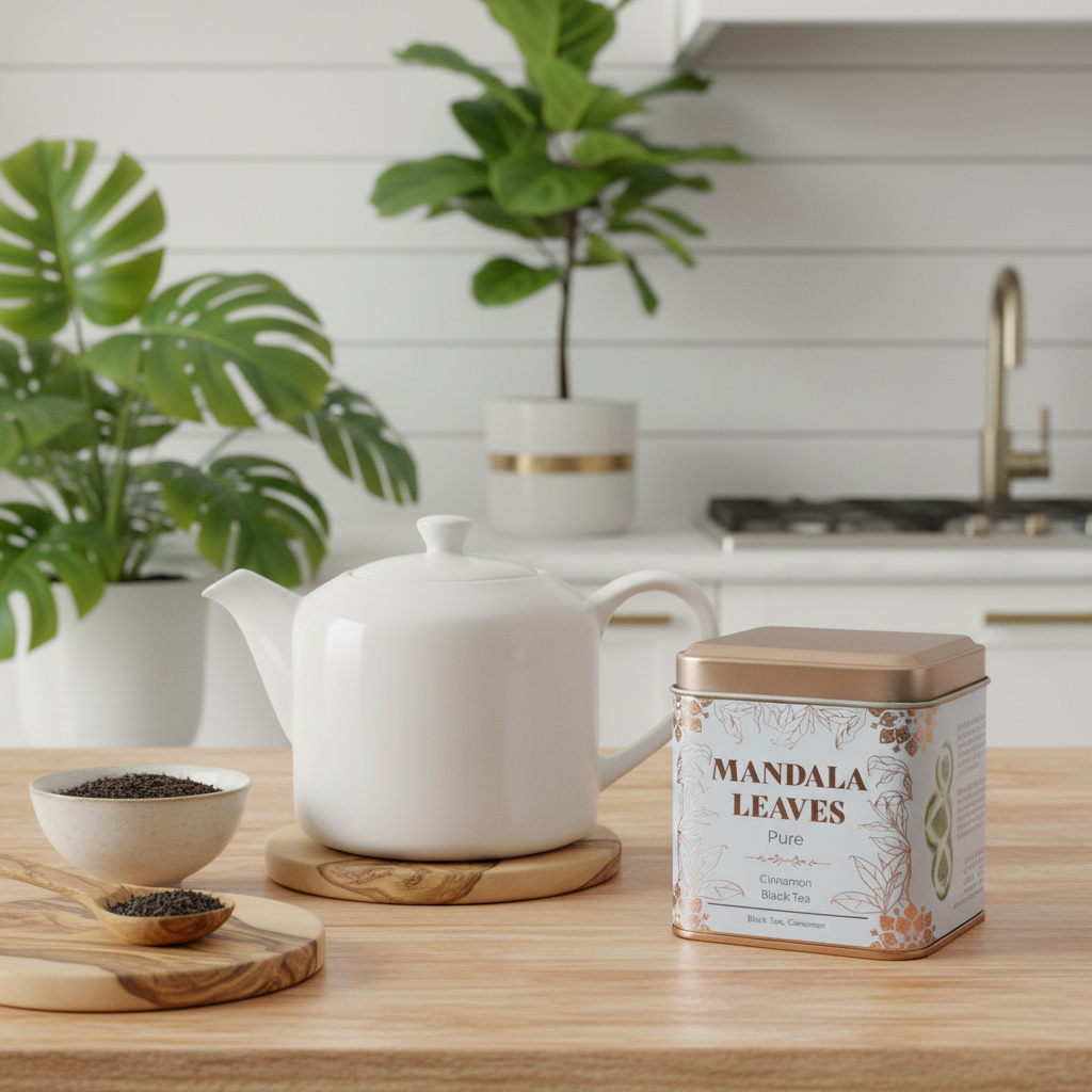 A white ceramic teapot sits on a wooden coaster next to a small bowl of loose leaves, with a metal tin labeled 'MANDALA LEAVES' on a wooden table in a bright kitchen setting.