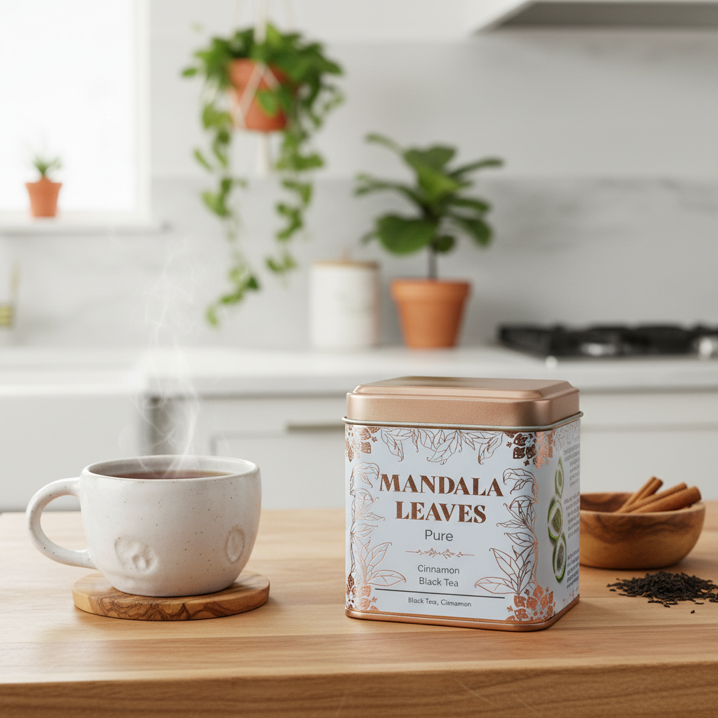 A tin of Mandala Leaves Pure Cinnamon Black Tea sits on a wooden countertop next to a steaming ceramic mug, with a blurred kitchen background and potted plants.