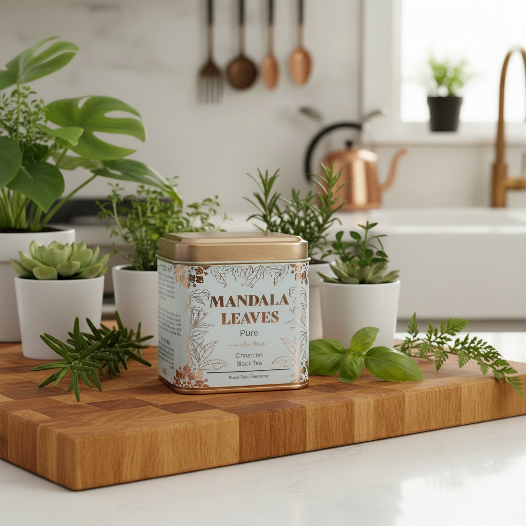 A tin of Mandala Leaves Pure Organic Cinnamon Black Tea sits on a wooden cutting board in a bright, modern kitchen setting with potted plants and a copper kettle in the background.