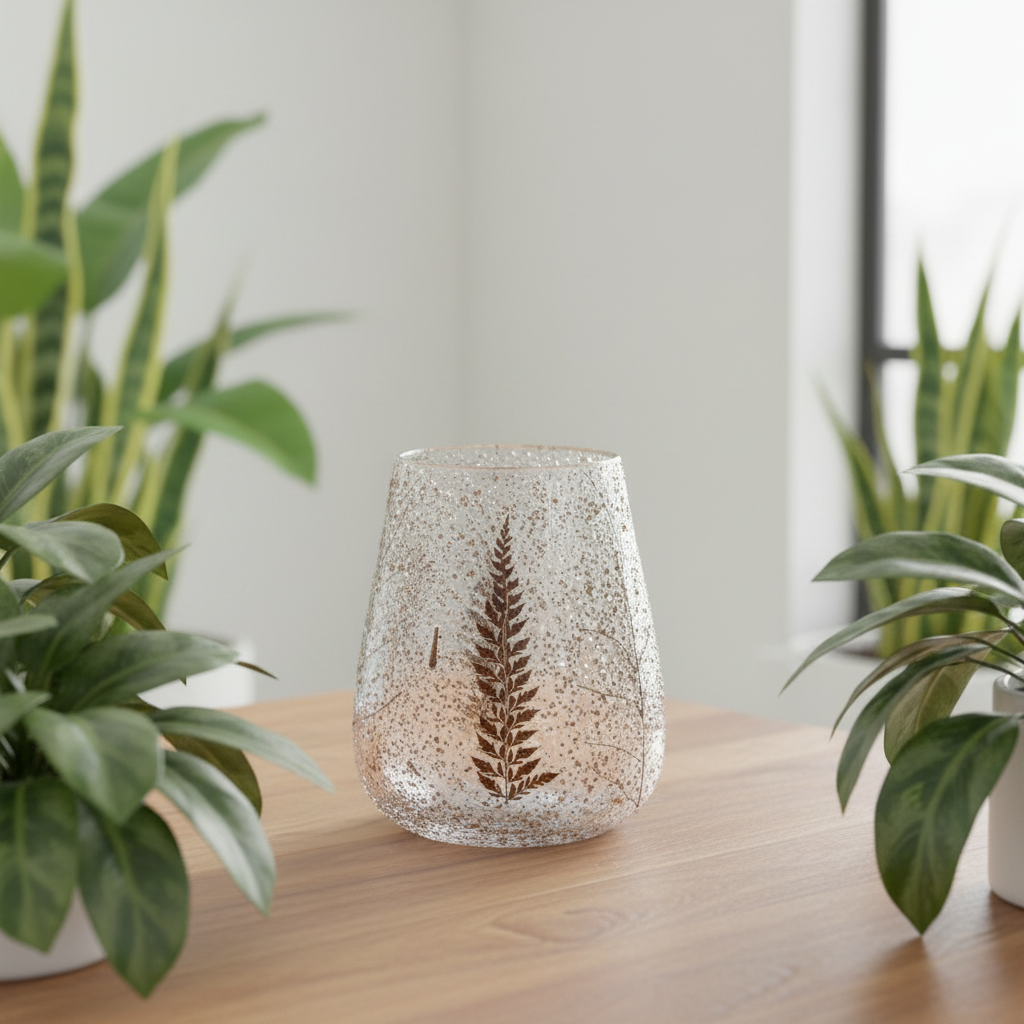 Decorative glass vase with fern design on a wooden surface with plants in the background