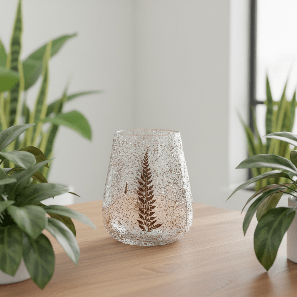 Decorative glass vase with fern design on a wooden surface with plants in the background