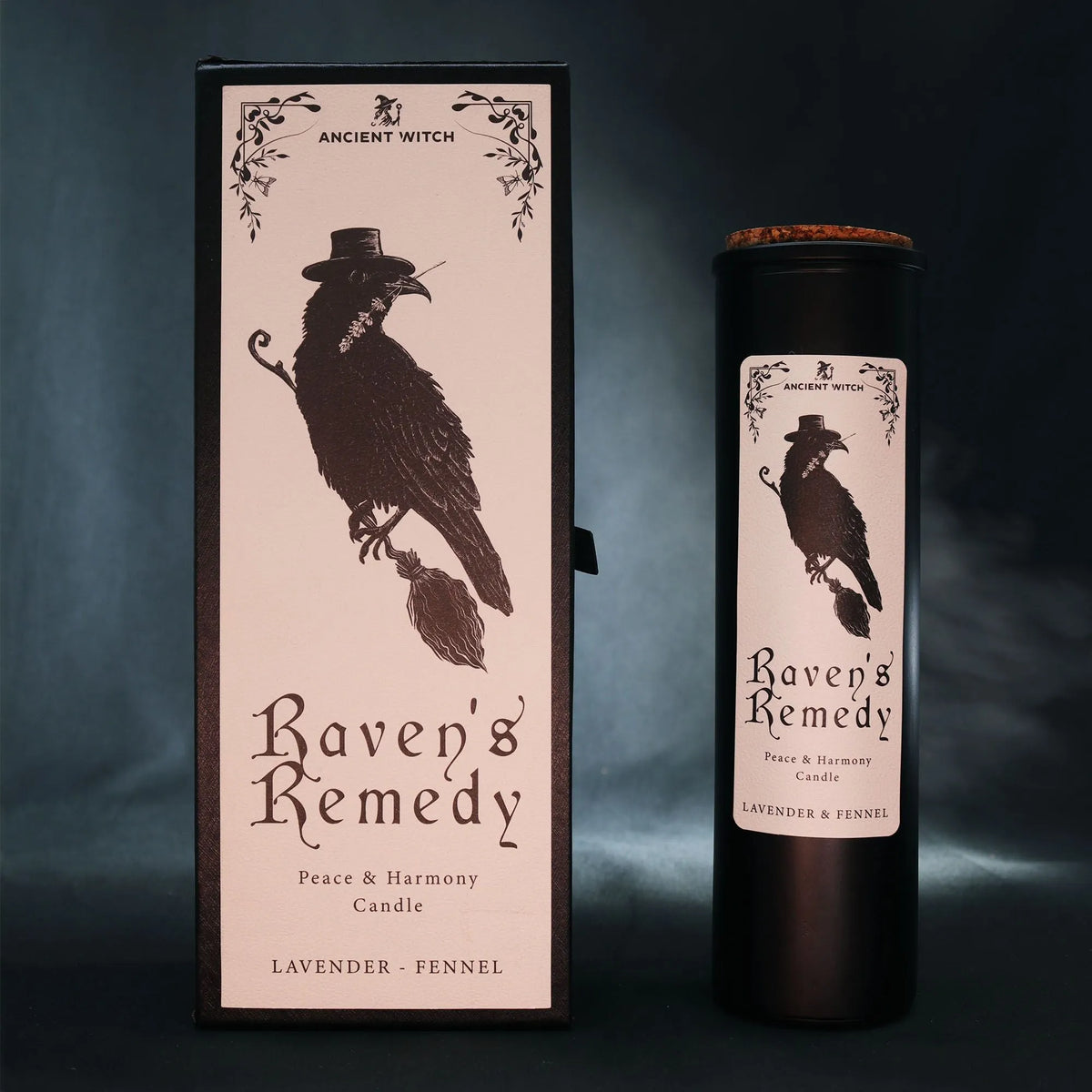Ancient Witch Raven’s Remedy candle and gift box with cream raven labels against a dark backdrop.