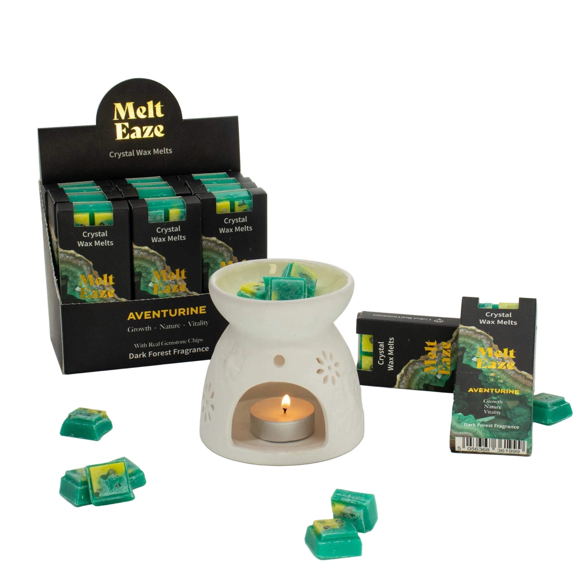 Melt Eaze crystal wax melts with a wax warmer on a white background