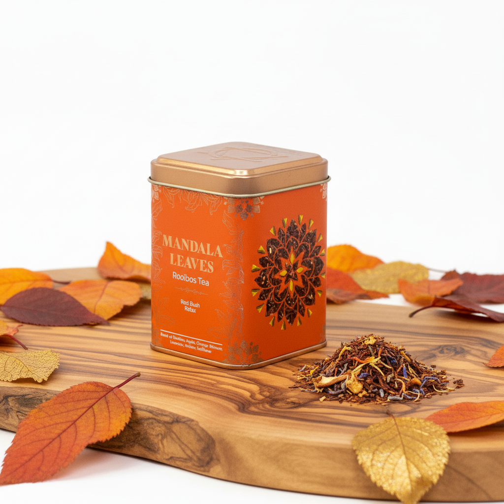 A square metal tin of Mandala Leaves Rooibos Tea sits on a wooden board with scattered autumn leaves around it. A small pile of loose tea is shown in front of the tin.