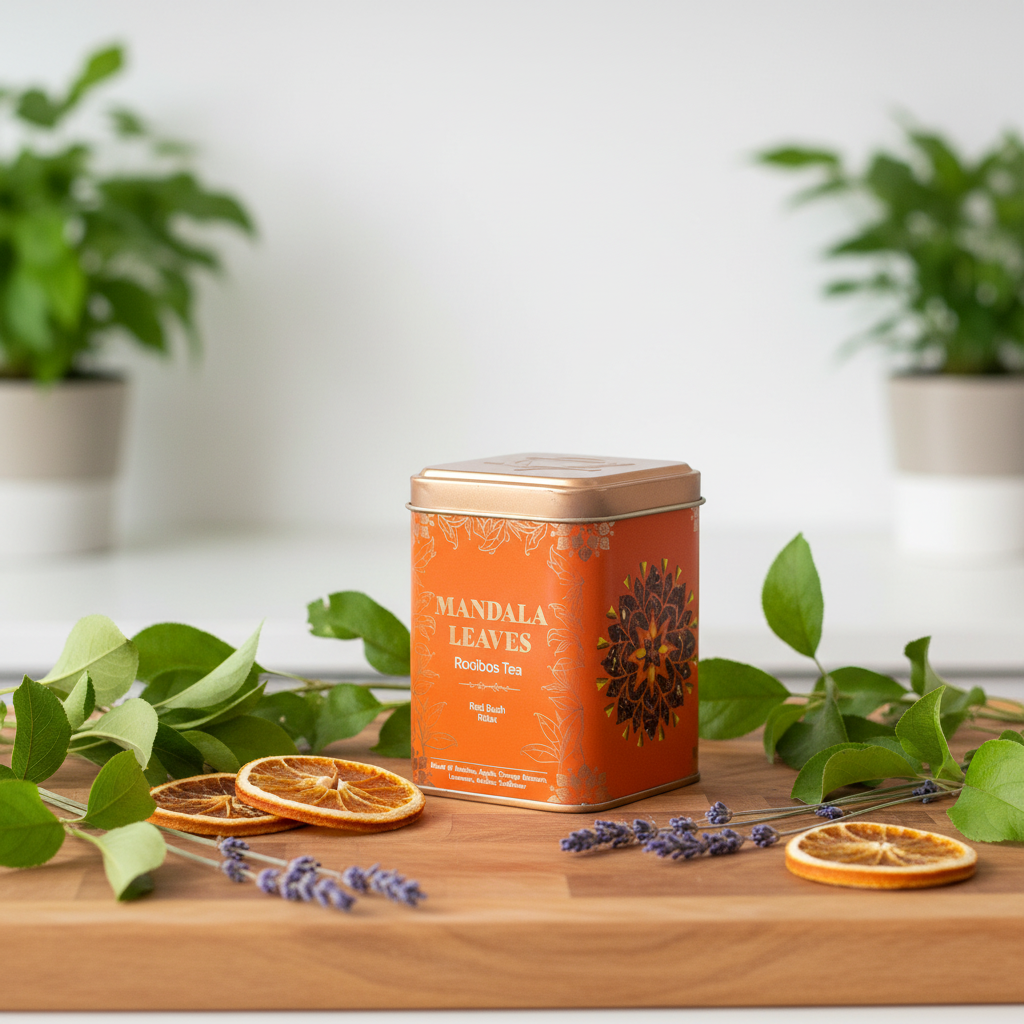 A tin of Mandala Leaves Rooibos Tea sits on a wooden board surrounded by green leaves, dried orange slices, and lavender sprigs. The background is a soft-focus white wall with potted plants.