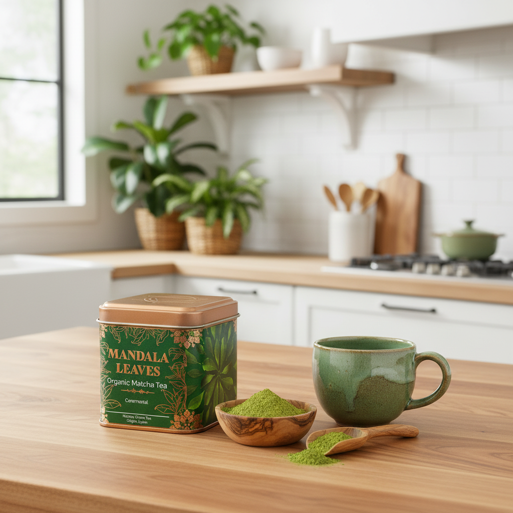 A tin of Mandala Leaves Organic Matcha Tea sits on a wooden kitchen counter next to a green ceramic mug, a small wooden bowl of loose matcha powder, and a spoon, with a softly blurred modern kitchen in the background.