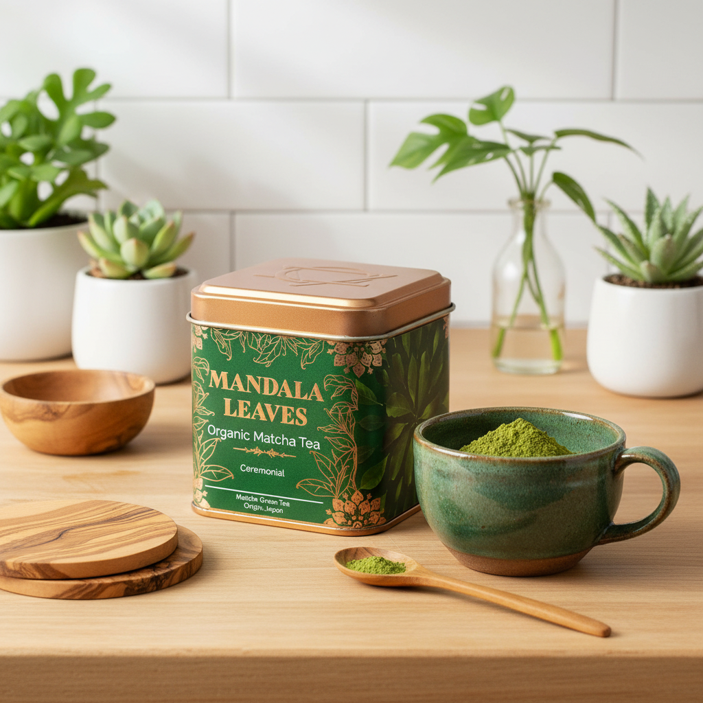 A tin of Mandala Leaves Organic Matcha Tea sits on a wooden countertop alongside a green ceramic cup filled with matcha powder, a wooden spoon with powder, and two wooden bowls. The scene is styled with small potted plants against a white tiled wall.