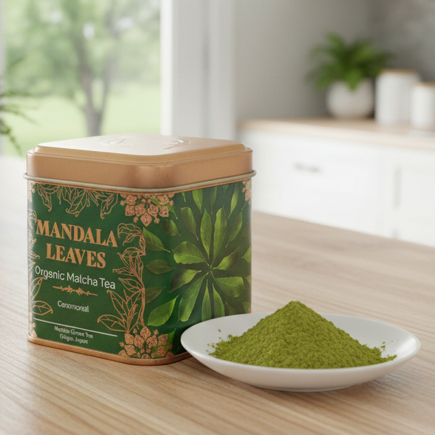 A tin of Mandala Leaves Organic Matcha Tea sits on a light wood table next to a small white plate filled with green matcha powder, with a softly blurred kitchen background.