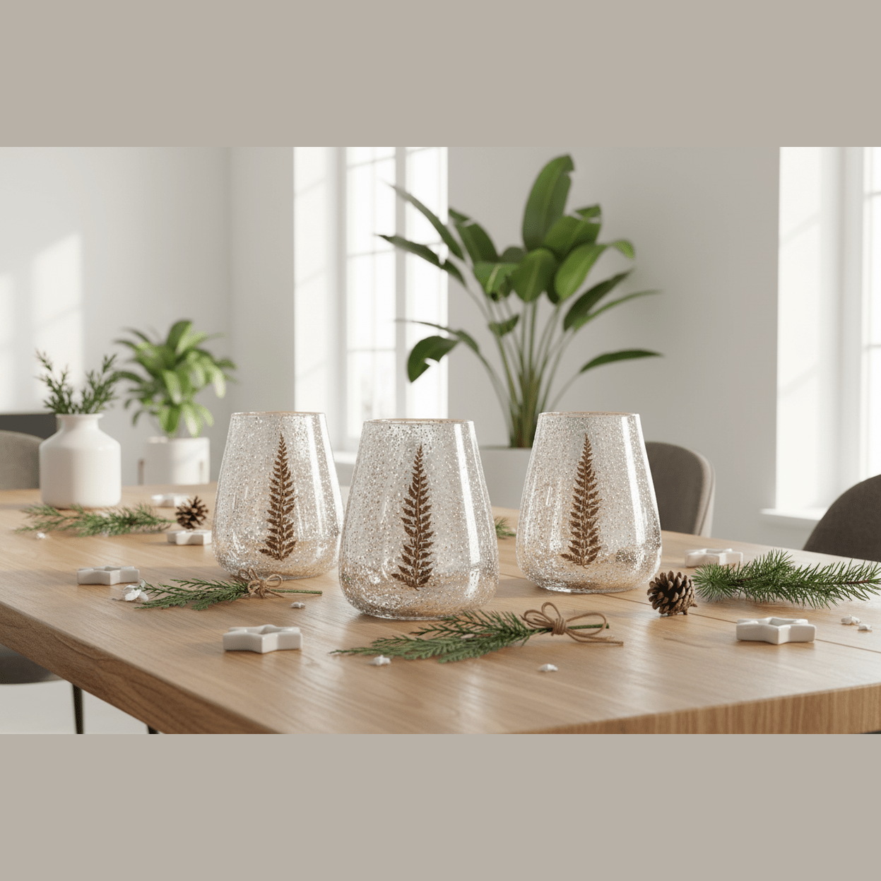 Three decorative glass tumblers with leaf patterns on a wooden table, surrounded by greenery and small gifts.