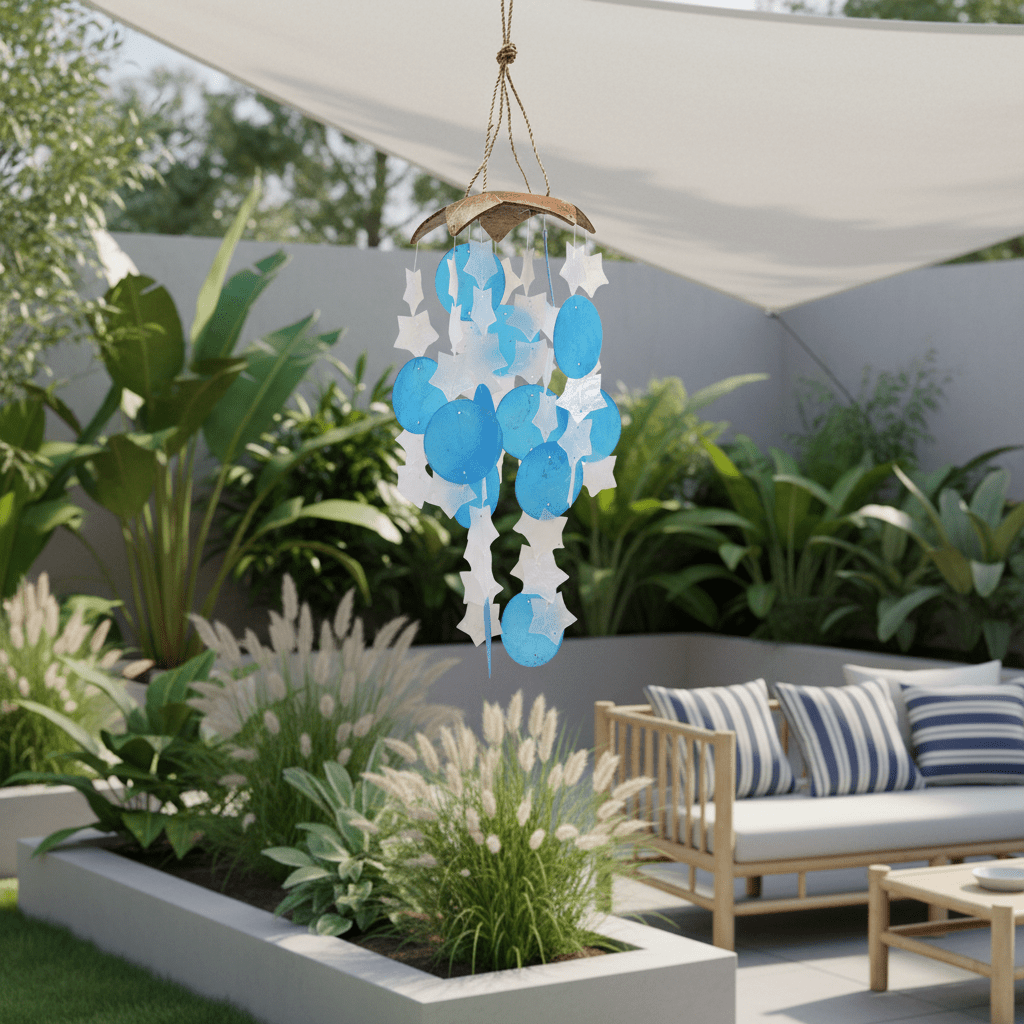 Blue and white wind chime hanging in a garden with plants and a sofa in the background