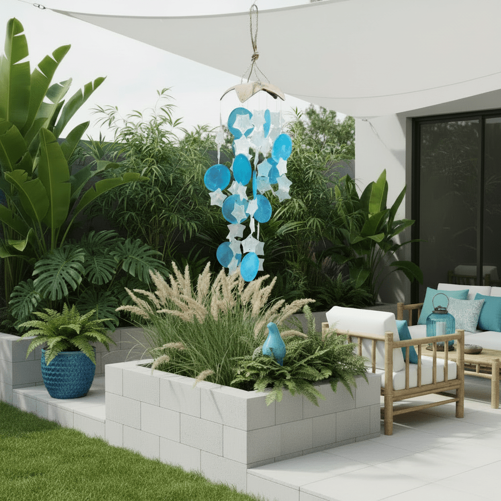 Outdoor patio with plants, windchimes and a sofa