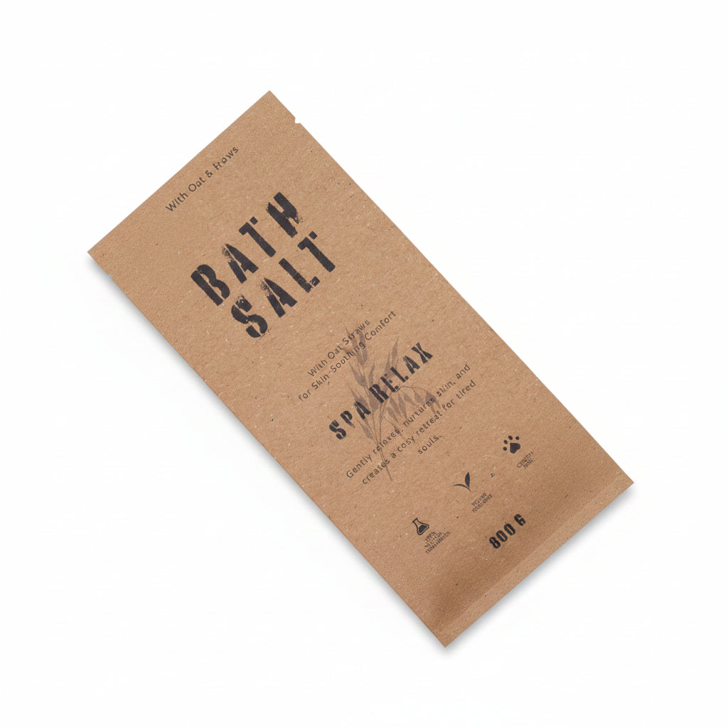 Bath salt packaging with text on a white background