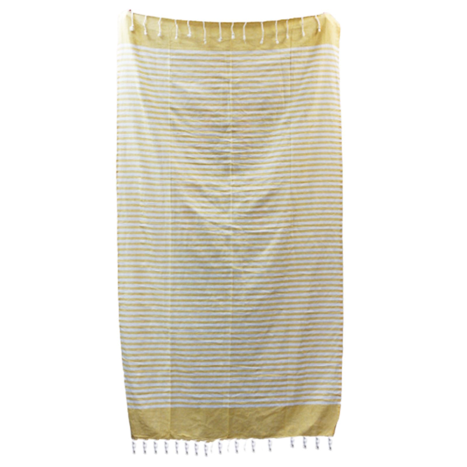 Yellow and white striped towel with tassels on a white background