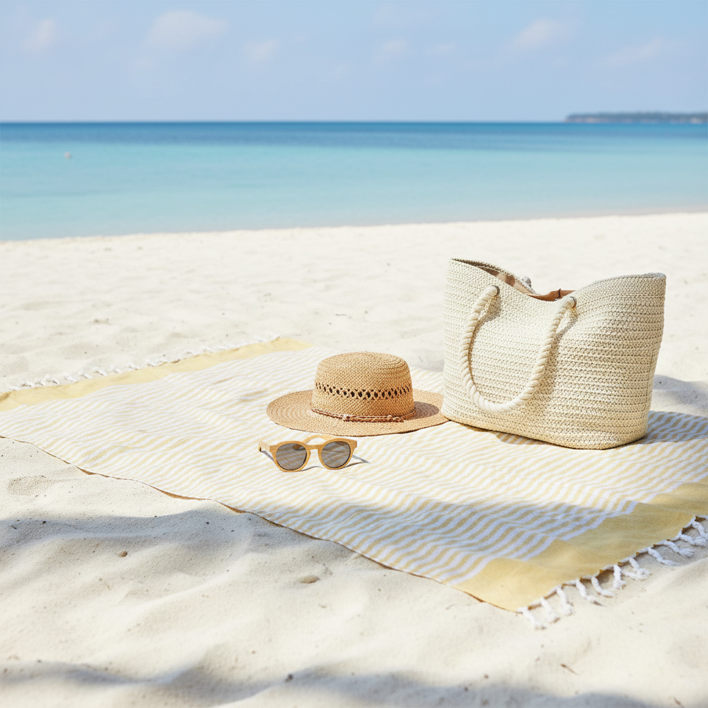 A woven straw tote bag, matching straw hat, and light-colored sunglasses rest on a striped beach towel spread out on white sand, with a turquoise ocean and blue sky in the background.