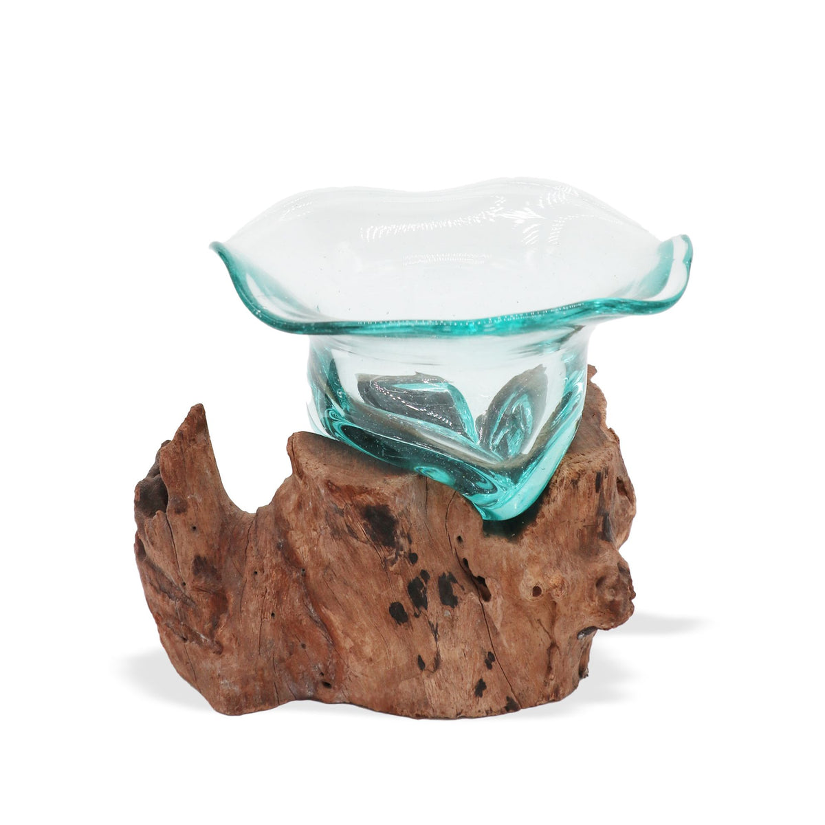 Wavy-rim glass bowl on an irregular reddish-brown wooden base