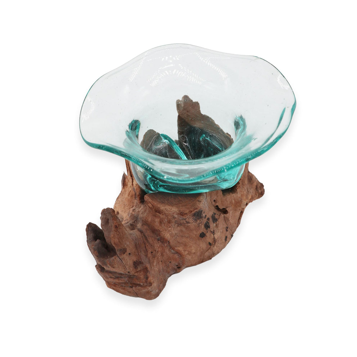 Angled overhead view of a glass bowl shaped around the contours of its wooden base