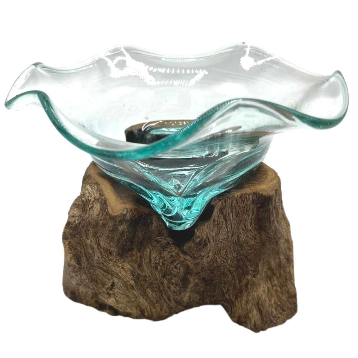 Front view of a flared glass bowl showing its rippled rim and sculptural wood base