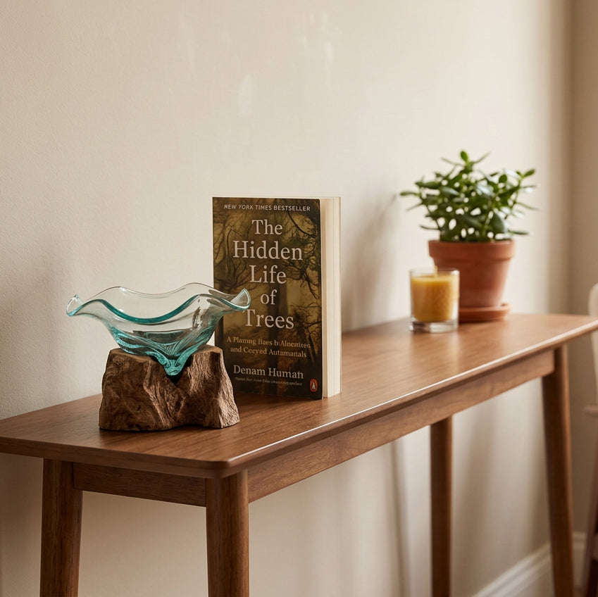 A book titled "The Hidden Life of Trees" by Demian Hirtz is standing on a wooden console table in a warm indoor setting, next to a glass bowl on a rock, a candle, and a potted plant.