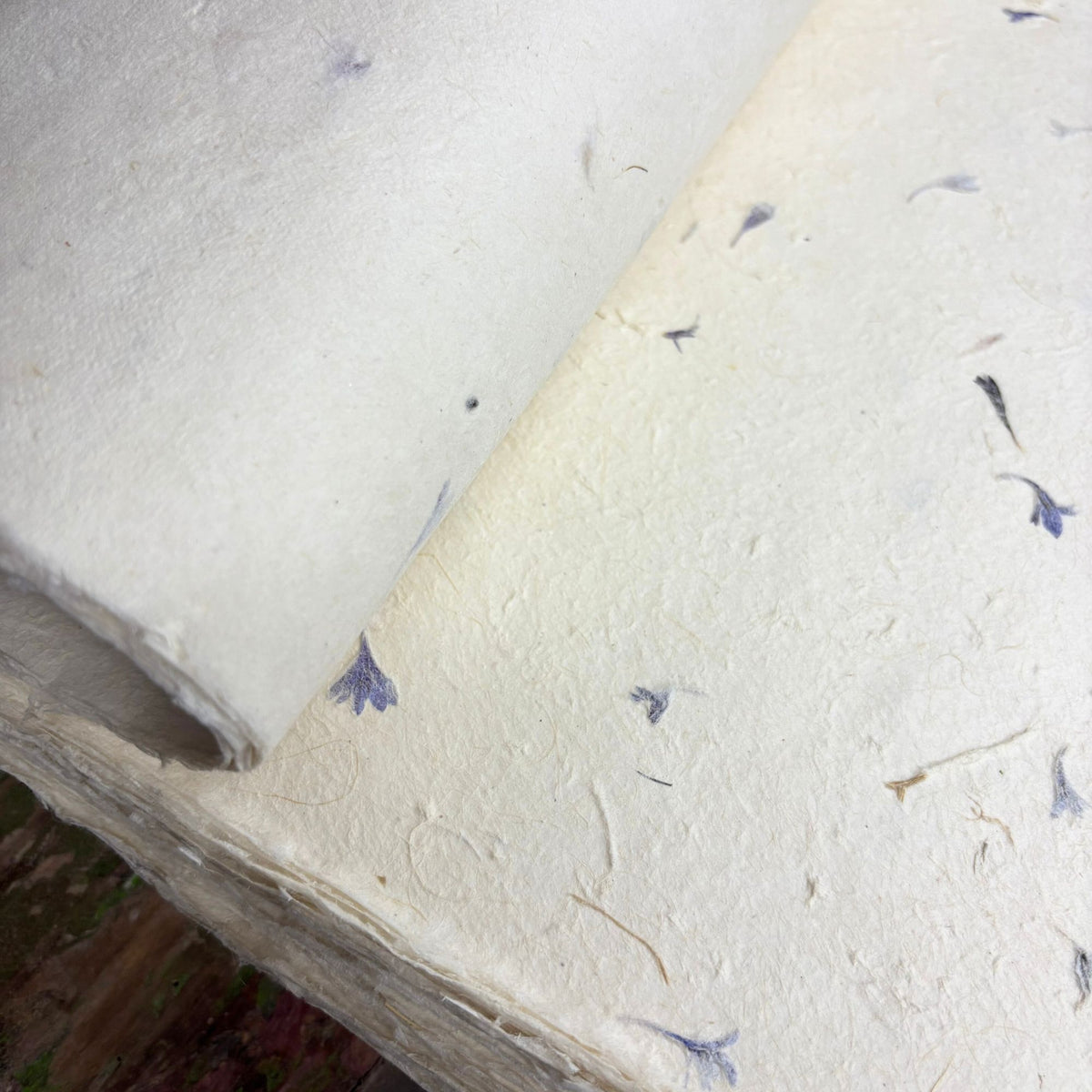 Close-up of a textured gift wrap paper with small blue floral patterns