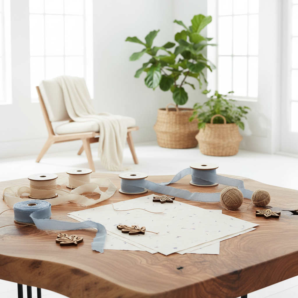 Handmade Lokta paper with real pressed cornflower petals on a wooden table with spools of ribbon, thread, fabric pieces, and wooden embellishments, set in a bright, modern room with a chair, plants, and woven baskets in the background.