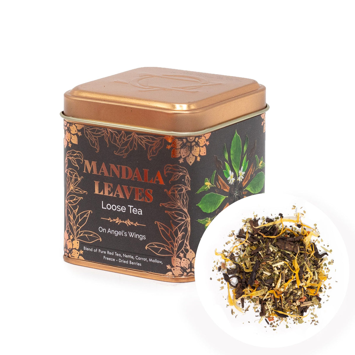 Tea canister labeled 'Mandala Leaves Loose Tea' with tea leaves displayed on a white background
