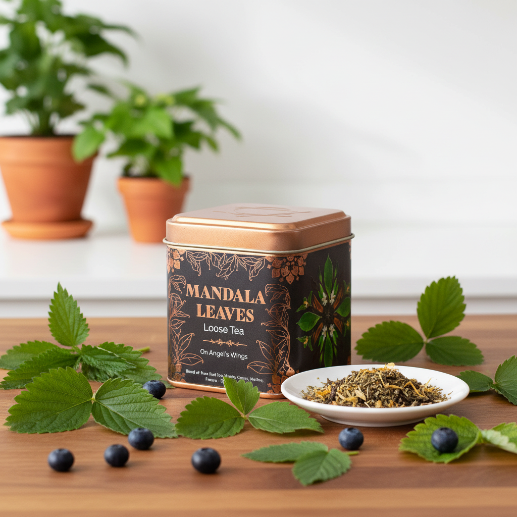 A tin of Mandala Leaves Loose Tea sits on a wooden table surrounded by green leaves and blueberries, with a small dish of loose tea in front. The background shows blurred potted plants against a white wall.