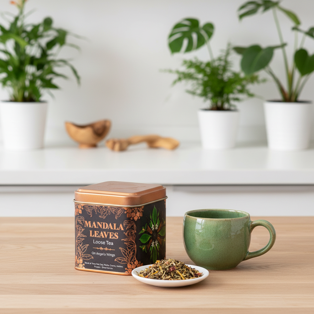 A tin of Mandala Leaves loose tea sits on a wooden table next to a green ceramic mug and a small dish of loose tea leaves, with a blurred indoor background featuring potted plants.