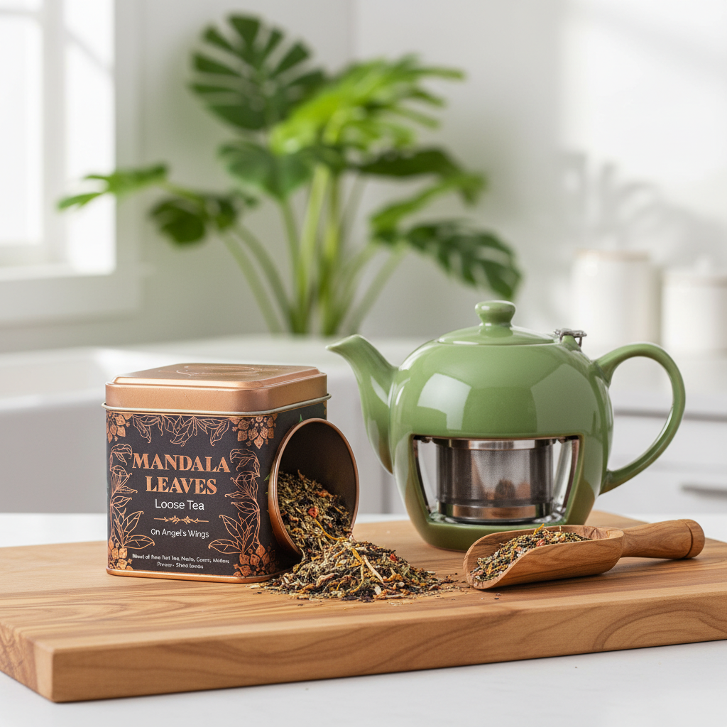 A green ceramic teapot with a built-in glass infuser sits on a wooden tray beside an open metal tin of Mandala Leaves loose-leaf tea, with loose tea spilled out and a small wooden scoop. The scene is set in a bright, modern kitchen with a blurred green plant in the background.