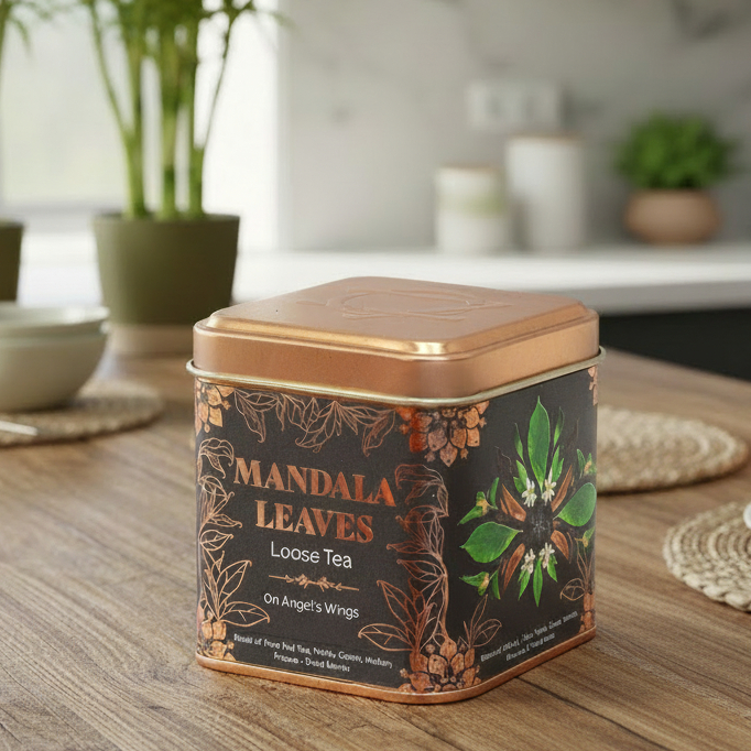 A square metal tea tin labeled 'MANDALA LEAVES Loose Tea' sits on a wooden table in a softly blurred kitchen setting with plants, bowls, and a cup.