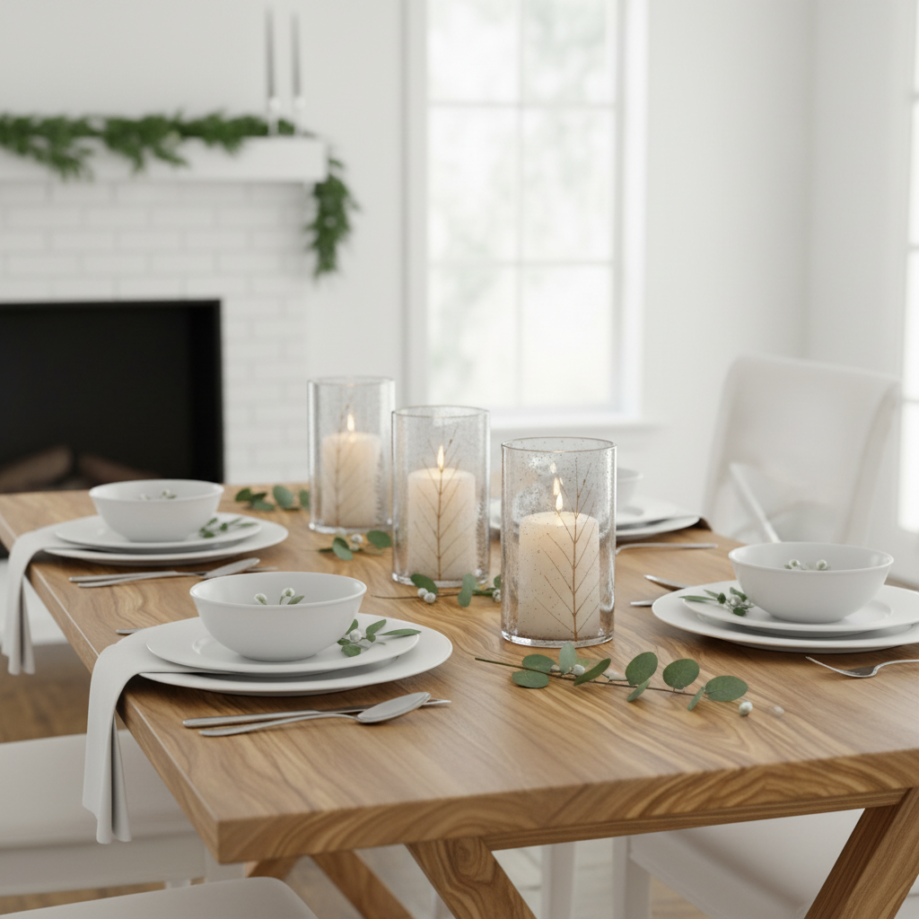 Dining table set with white plates, bowls, and candles in a bright room.
