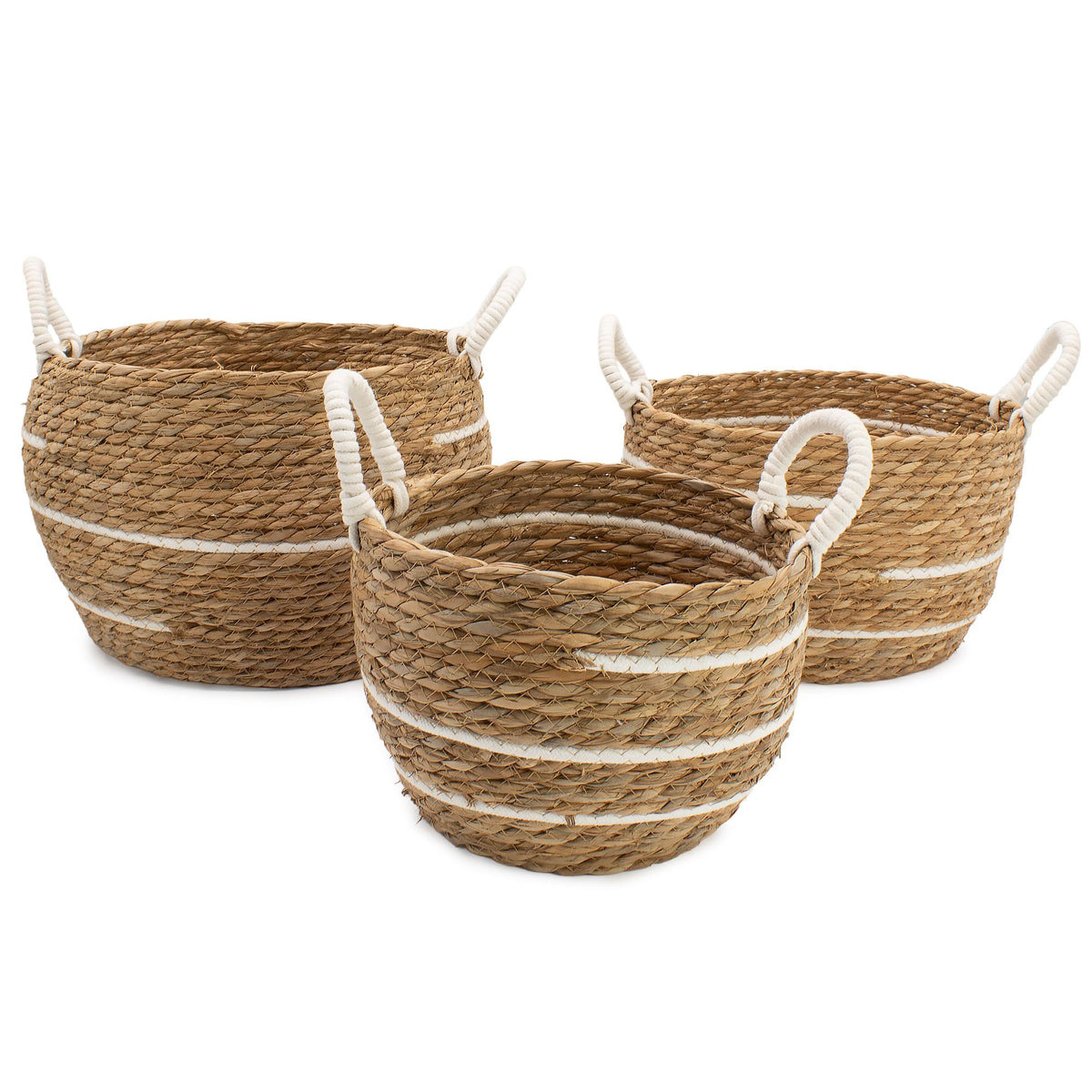 Set of three natural woven baskets with white stripes and wrapped loop handles