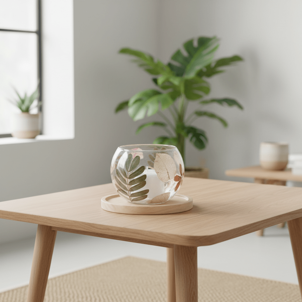 Decorative glass bowl with floral design on a wooden table in a room with plants.