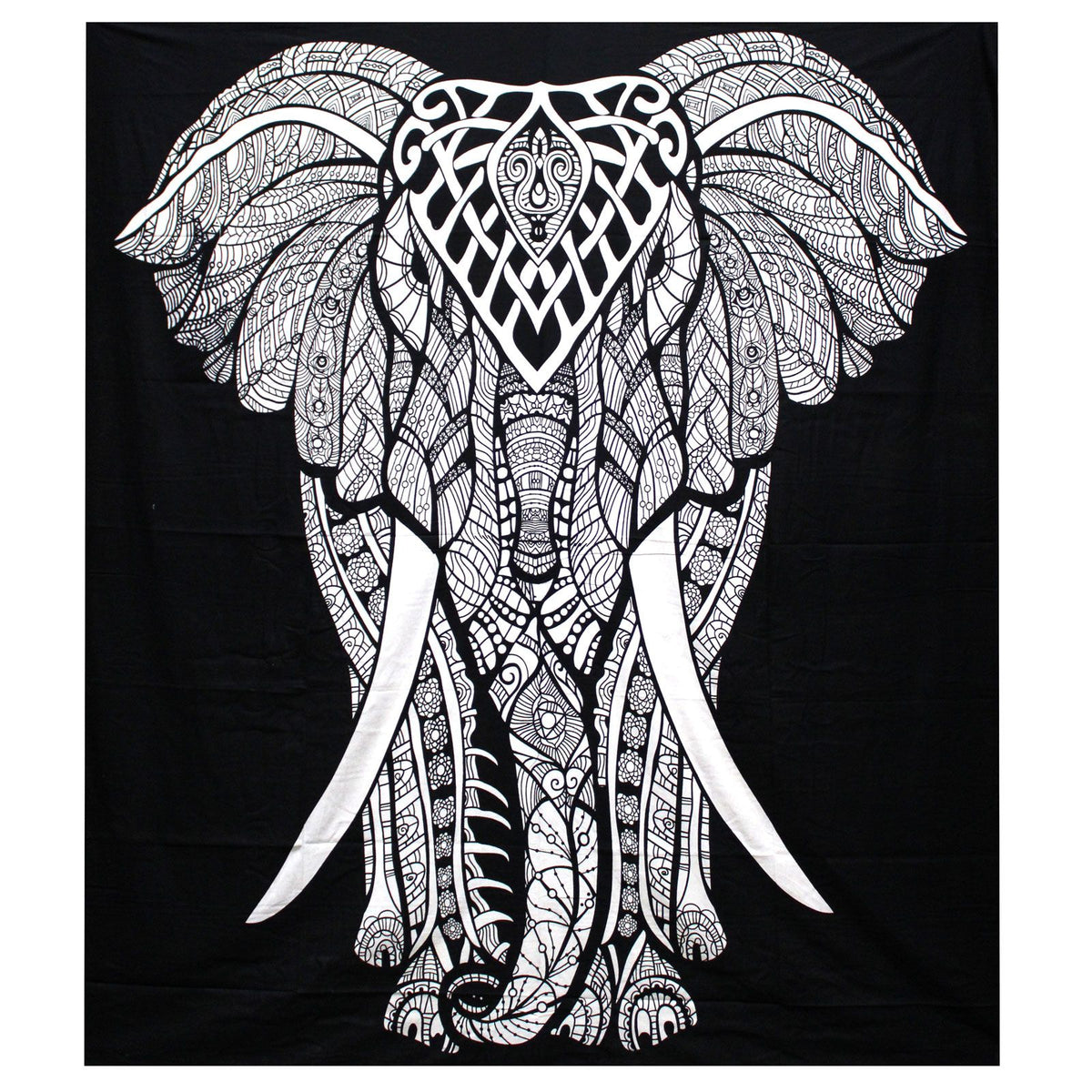 Decorative thin cotton wall hanging/bedspread with a black and white elephant design on a black background