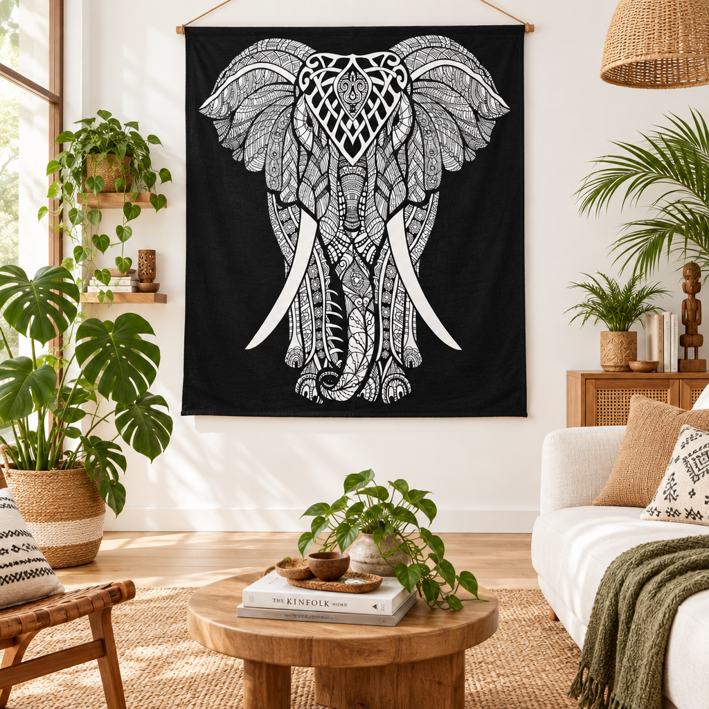 B&W Double Cotton Bedspread + Wall Hanging - Elephant