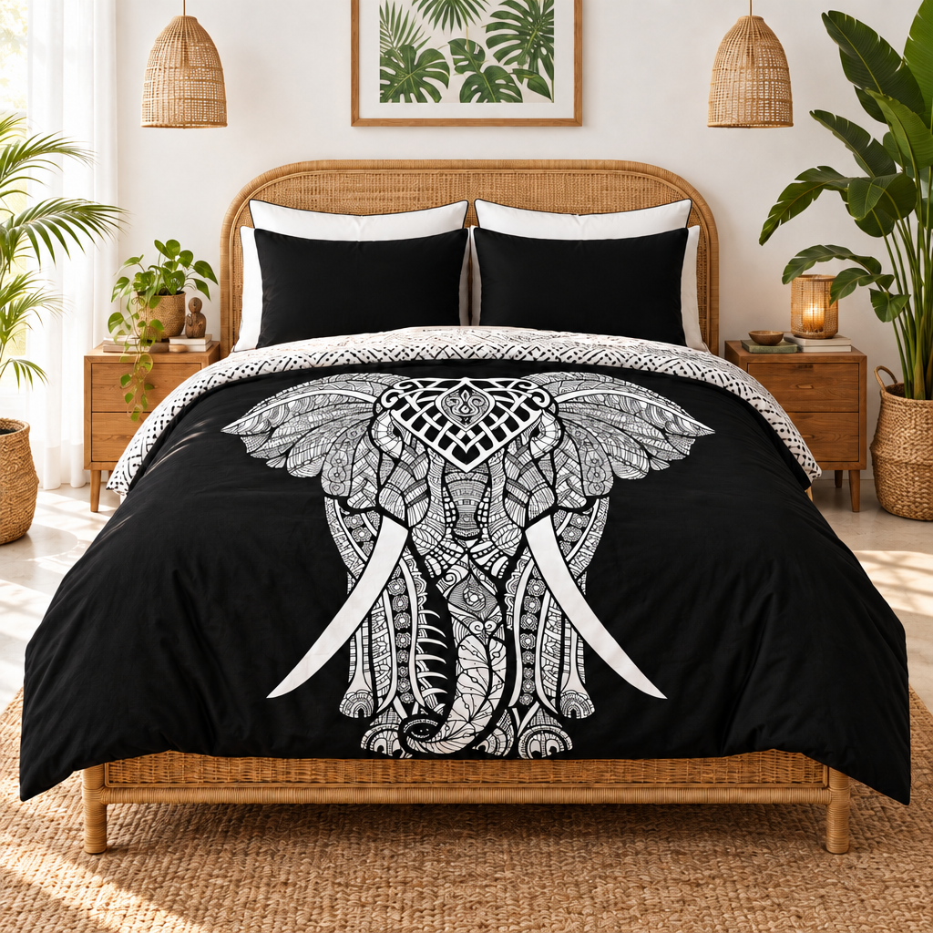 A black bedspread with a large white mandala-style elephant design on the duvet cover, styled on a bed in a bright, modern boho bedroom with rattan furniture and plants.