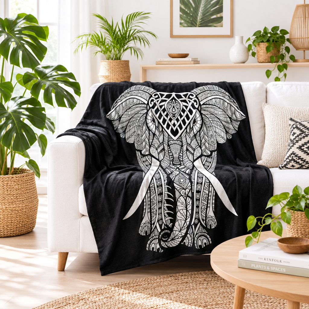 A black throw blanket draped over a white sofa in a bright, modern living room. The blanket features a large white line-art illustration of an elephant with intricate mandala and geometric patterns on its trunk, ears, and body.