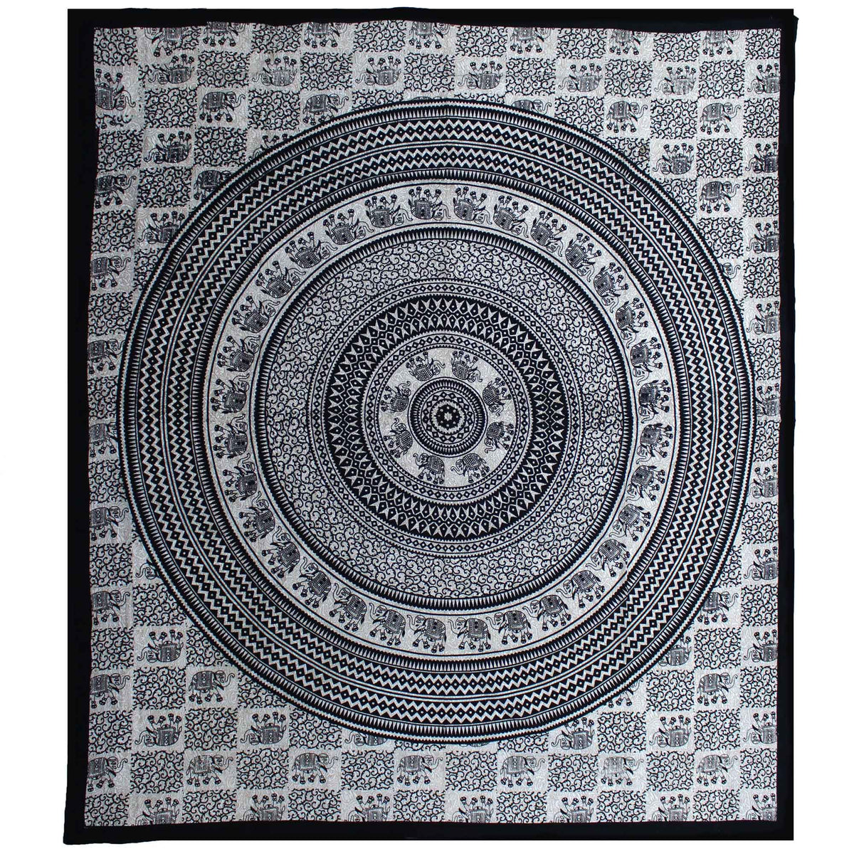 Black and white mandala bedspread/wallhanging with elephant patterns