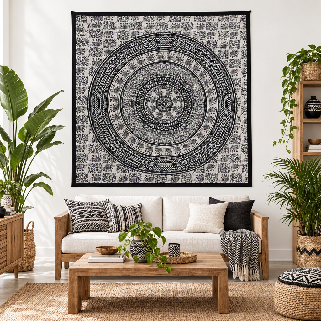 Double Cotton Bedspread + Wall Hanging - Mono - Elephant Mandala