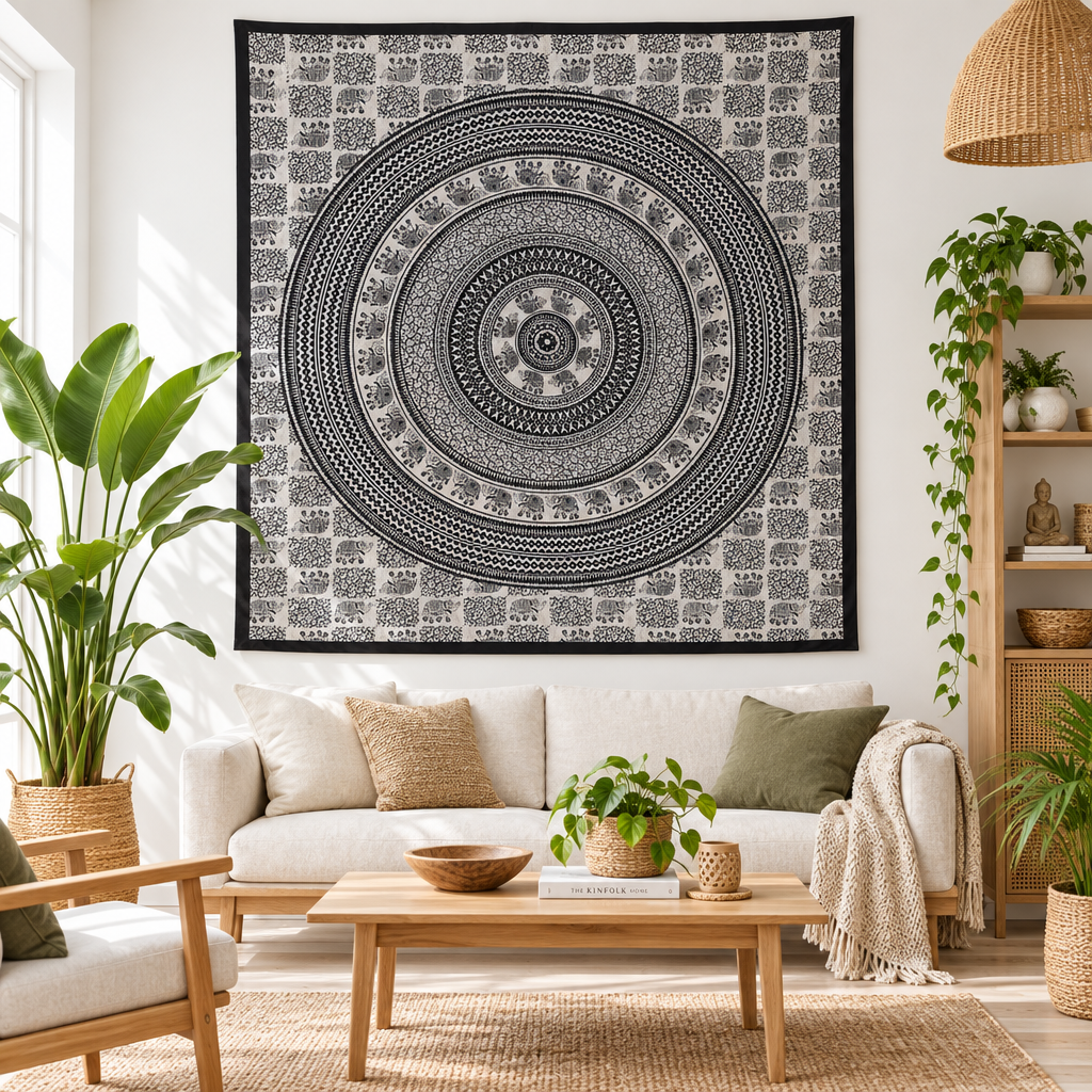 Double Cotton Bedspread + Wall Hanging - Mono - Elephant Mandala