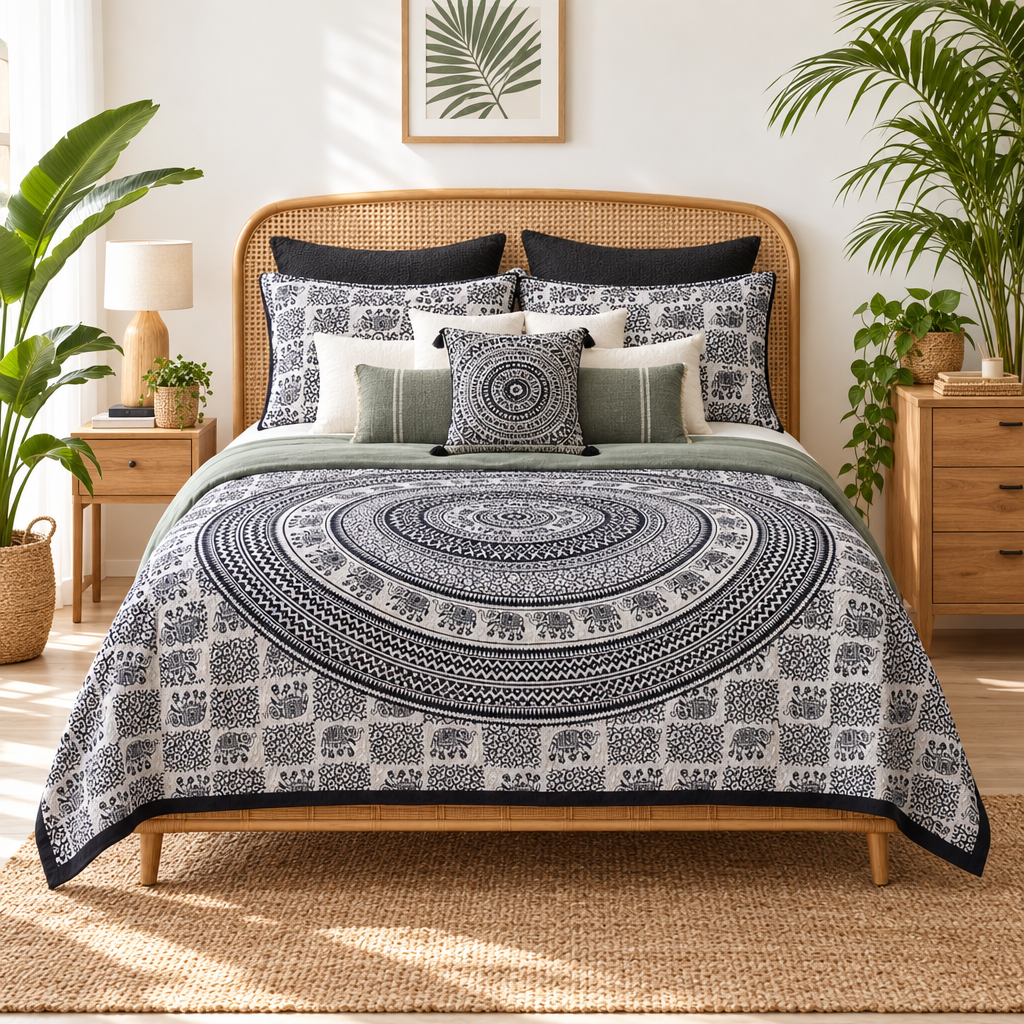 Double Cotton Bedspread + Wall Hanging - Mono - Elephant Mandala