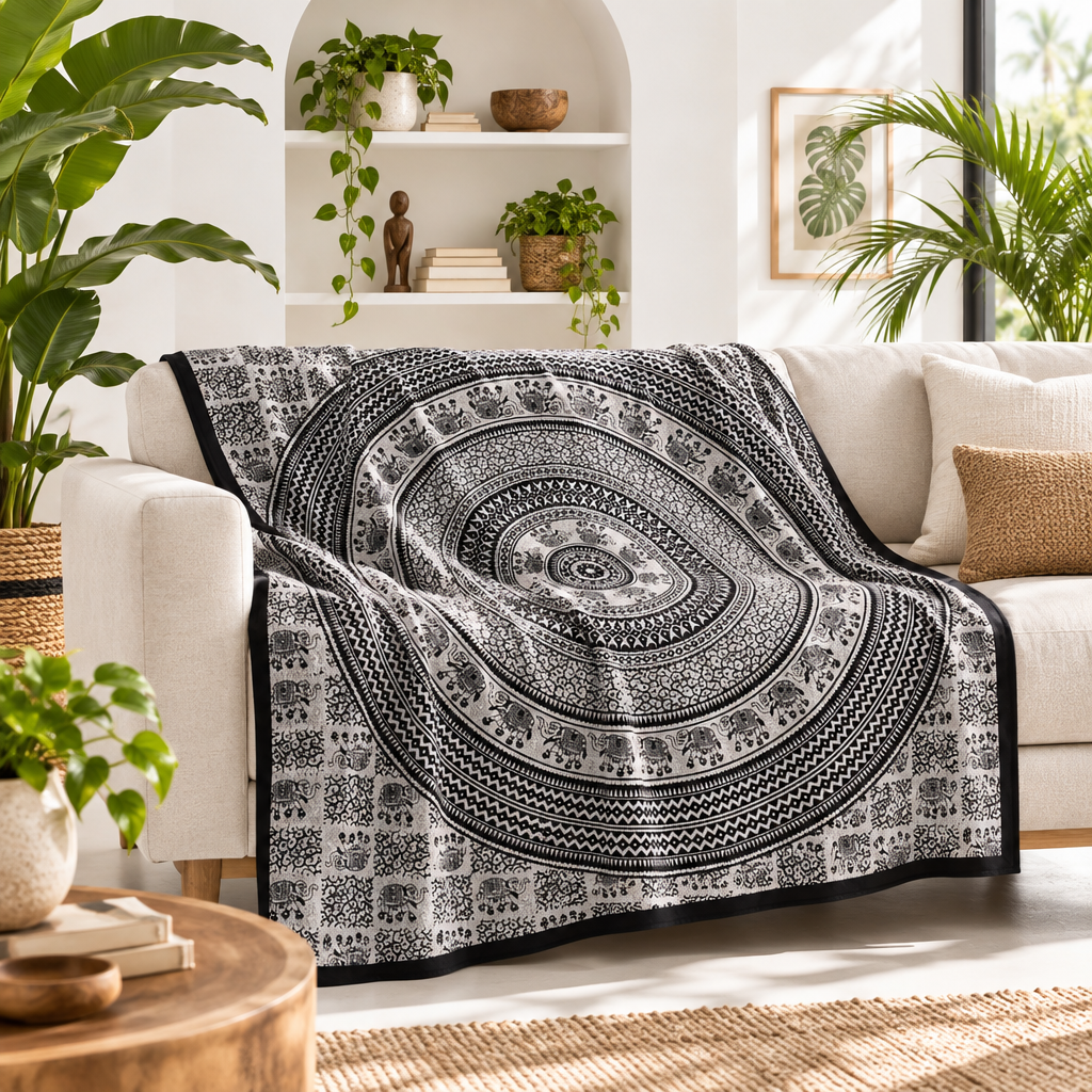 Double Cotton Bedspread + Wall Hanging - Mono - Elephant Mandala