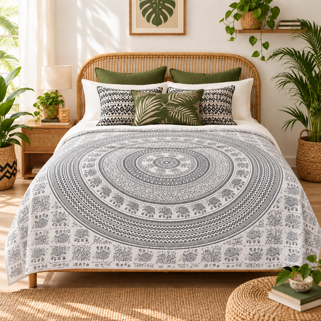 Double Cotton Bedspread + Wall Hanging - Mono - Elephant Mandala