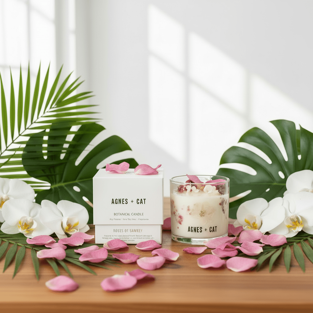 Candles and packaging with floral decorations on a wooden surface