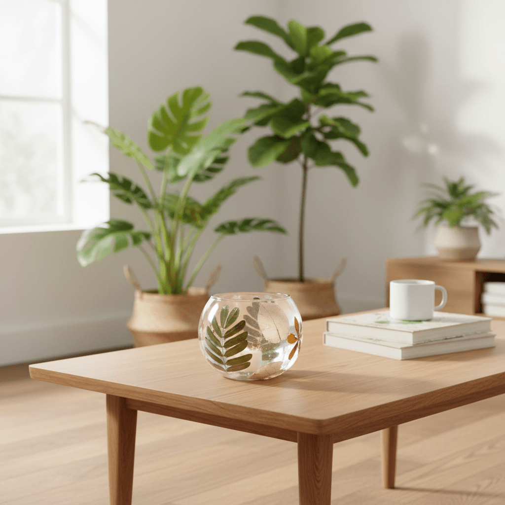 Wooden coffee table with a pressed flower glass candle holder, books, and a cup in a room with plants and a window.